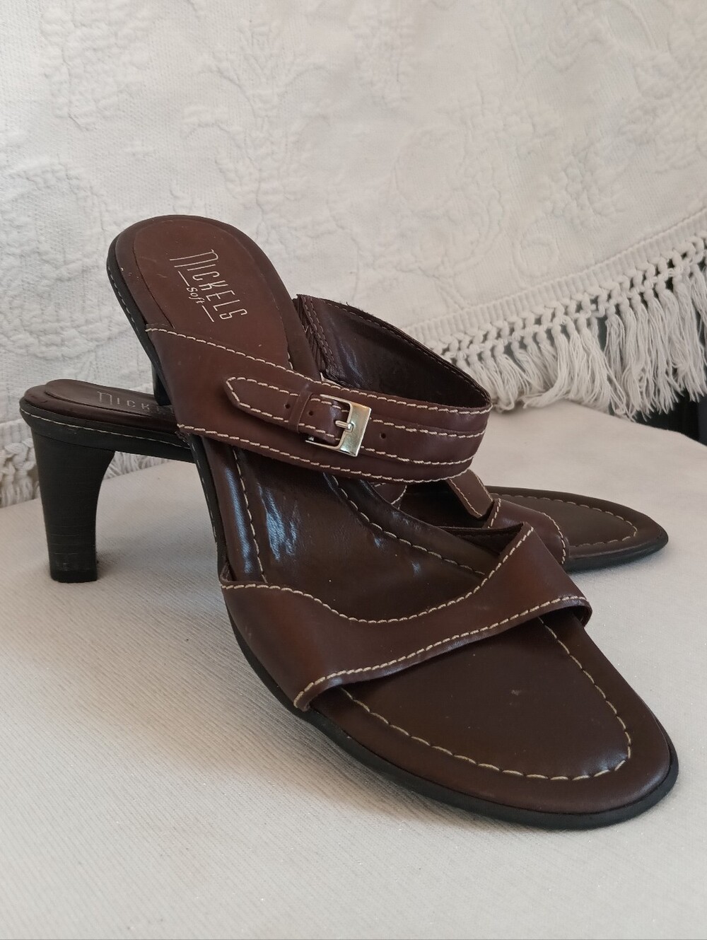 Nickels Brown Leather Open Toe Mid Heel Sandal Heels - Picture 9 of 9